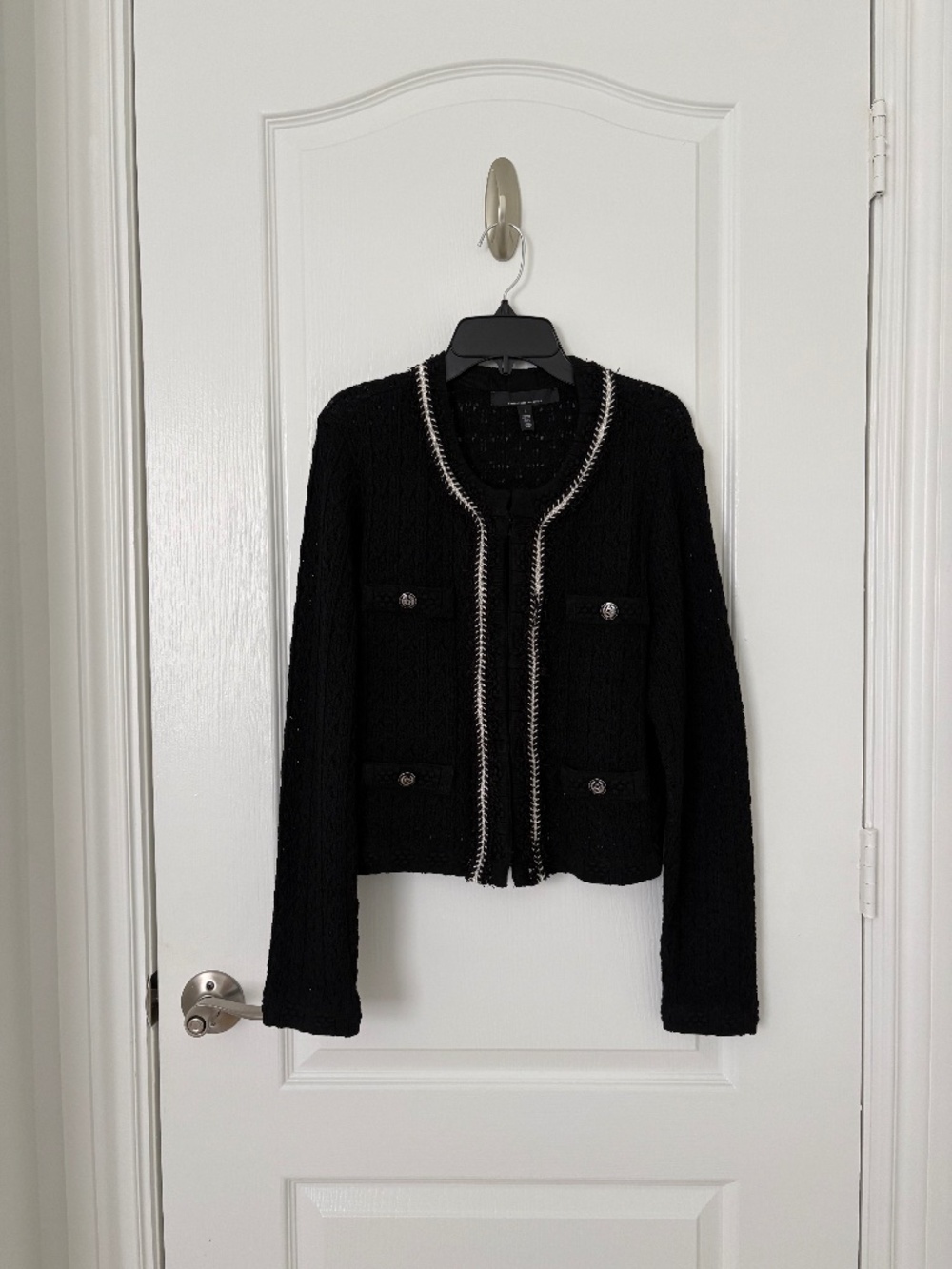 White House Black Market Open Weave Sweater Jacket Black Size L Chanel Style